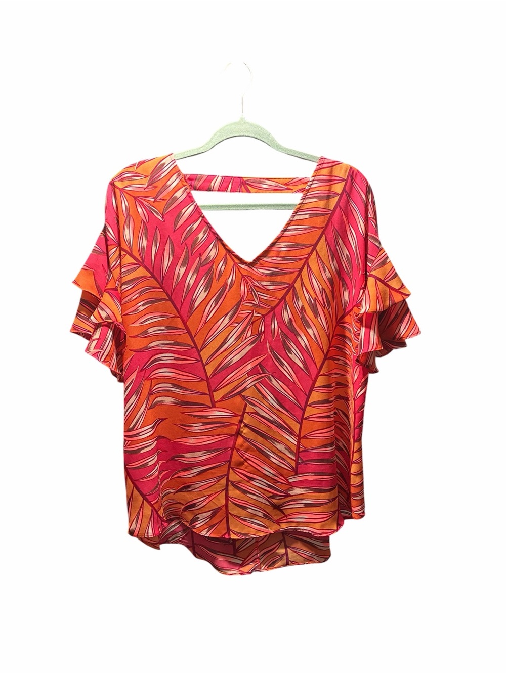 Apt. 9 Vibrant Coral & Orange Printed V-Neck Flutter Sleeve Top